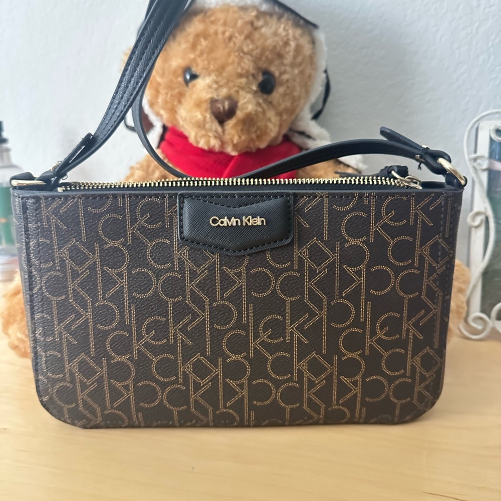 Calvin Klein Black and Brown Monogram Crossbody Bag